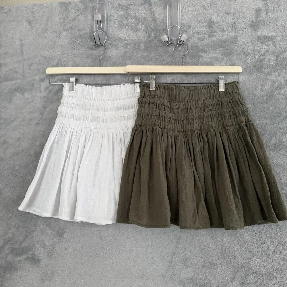 Lot of 2 Rewash Mini Skirt Womens Small Olive Green White Cotton Gauze Pull On - Picture 1 of 13